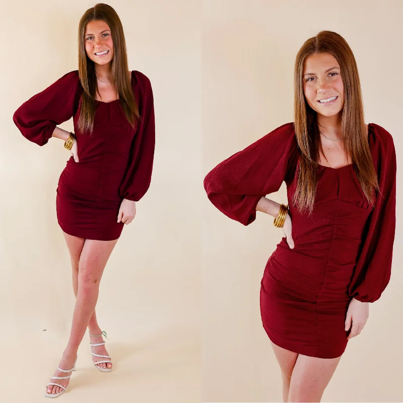 Take A Photo Ruched Dress with Long Sleeves in Maroon