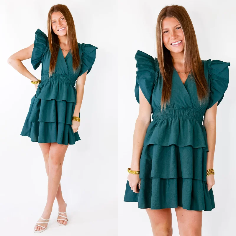 The Perfect Night Ruffle Cap Sleeve Dress in Dark Teal