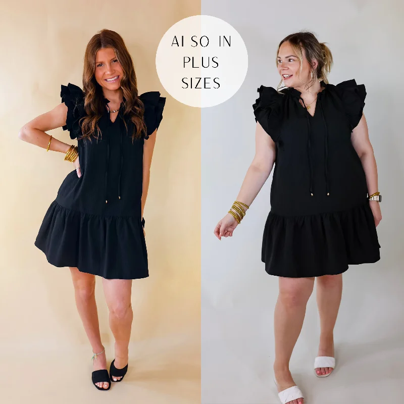 Powerful Love Ruffle Cap Sleeve Dress with Keyhole and Tie Neckline in Black