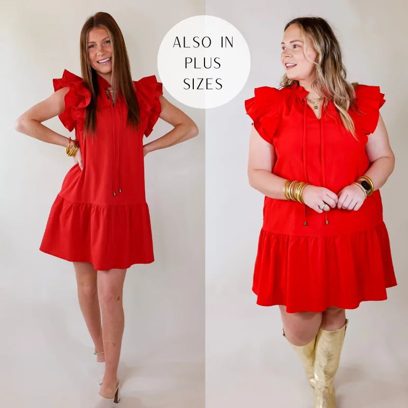 Powerful Love Ruffle Cap Sleeve Dress with Keyhole and Tie Neckline in Red