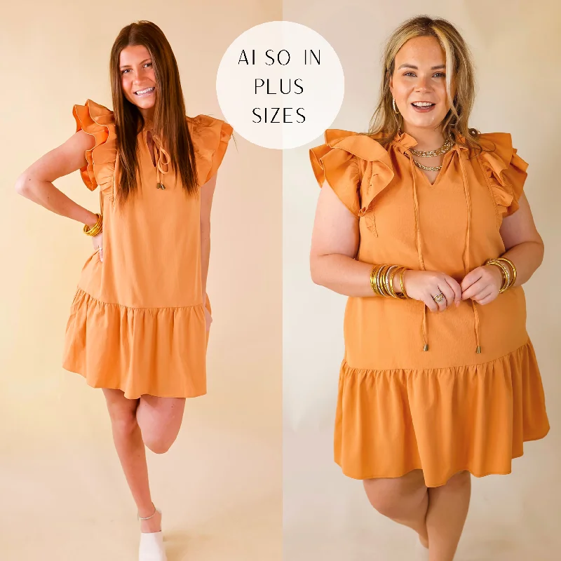 Powerful Love Ruffle Cap Sleeve Dress with Keyhole and Tie Neckline in Sunset Orange