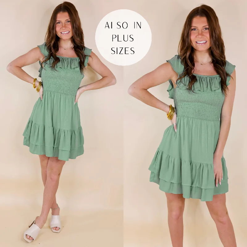 Feeling Refined Ruffle Tiered Dress with Smocked Bodice in Sage Green