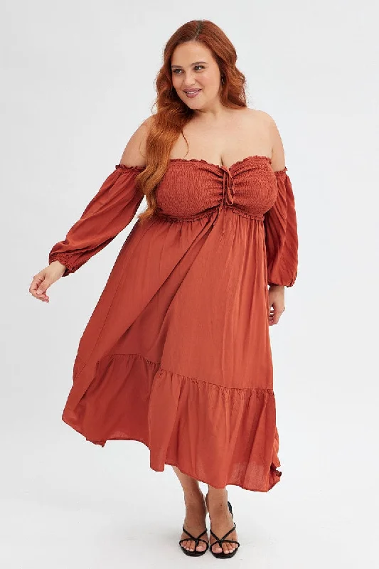 Rust Midi Dress Off Shoulder Shirred