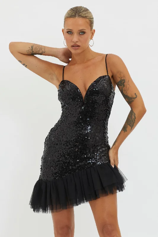 Sassafras Tulle Hem Sequin Mini Dress Black