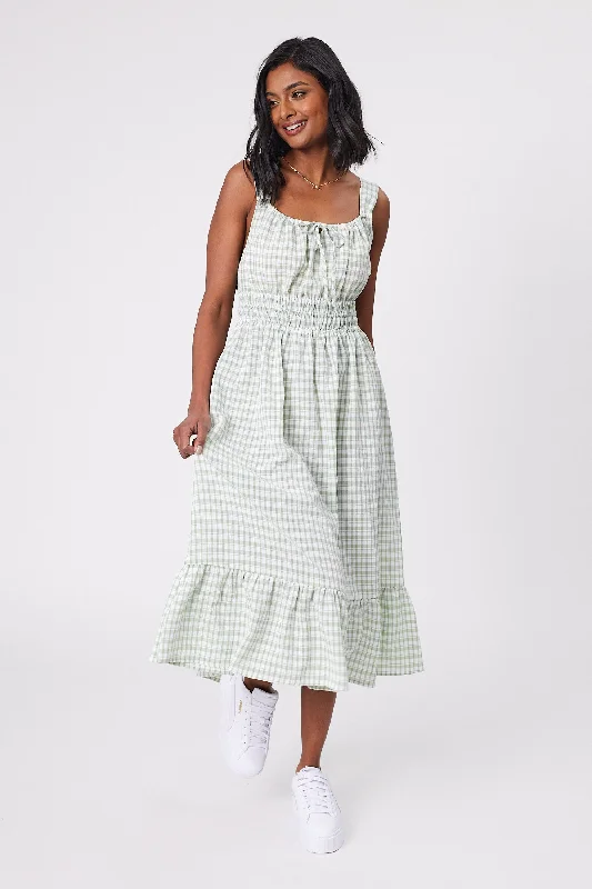 Shine On Label Arielle Checked Frilled Hem Dress Sage White