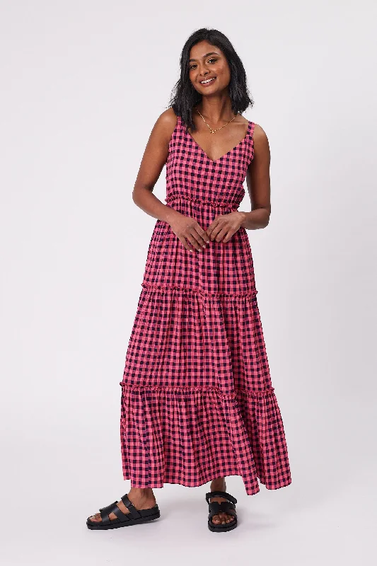 Shine On Label Eden Gingham Tiered Maxi Dress Fuchsia Midnight