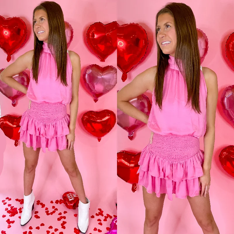 Going For Glam Smocked Waist Romper with Ruffle Skirt in Pink