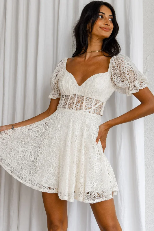 Soho Puff Sleeve Tied Back Lace Mini Dress Cream