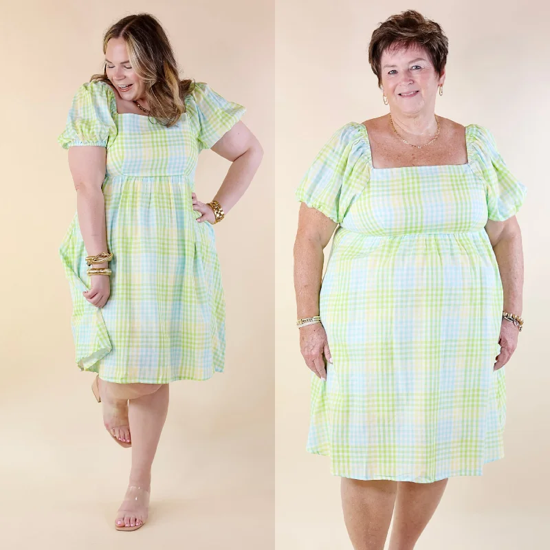 Spring Serenity Plaid Dress with Balloon Sleeves in Green Mix