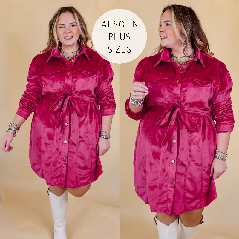 Free And Flirty Suede Button Up Dress with Waist Tie in Fuchsia Pink