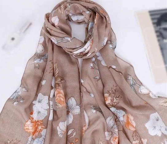 Tan Floral Cotton Scarf