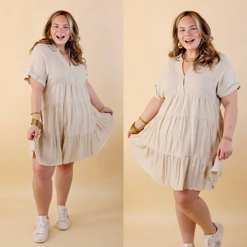 Last Chance Size Small, Medium & XL | Taos Transitions Ruffle Tiered Collared Dress with Frayed Hem in Beige