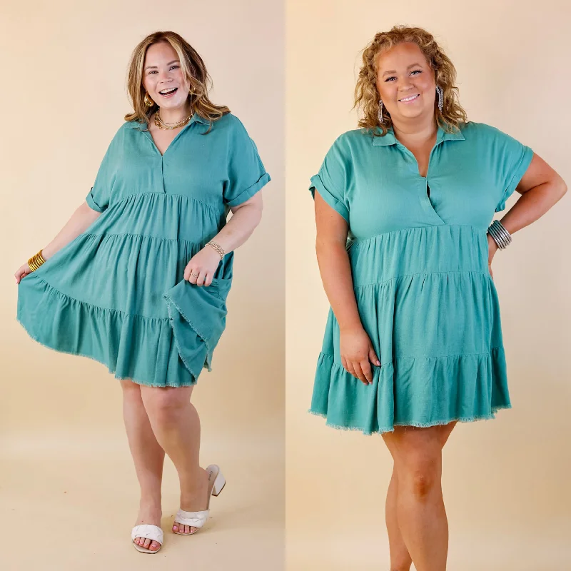 Last Chance Size Small, Large & 1XL | Taos Transitions Ruffle Tiered Collared Dress with Frayed Hem in Turquoise