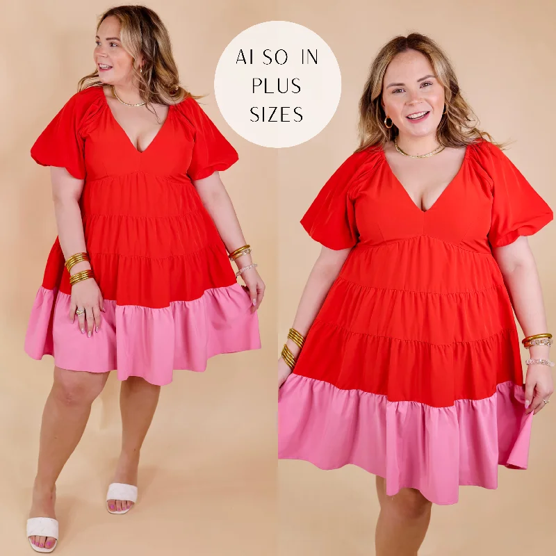 Trendy City Puff Sleeve Tiered Dress with Pink Hemline in Red