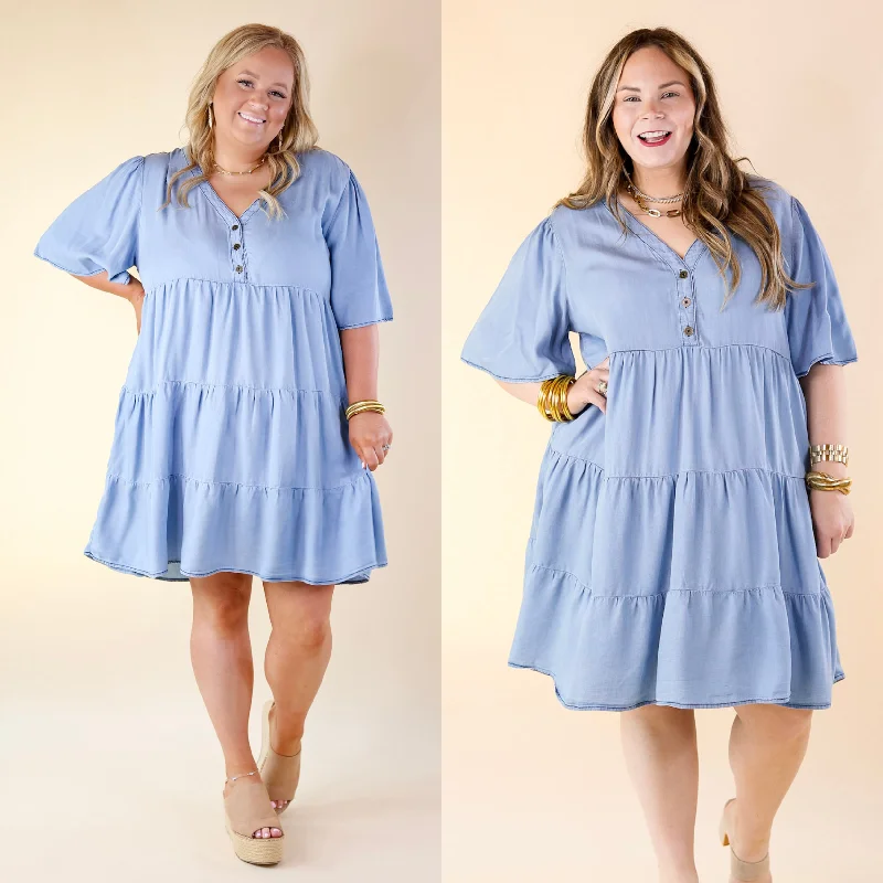 Truly Darling Chambray Tiered Dress with Button Up Yoke in Light Wash