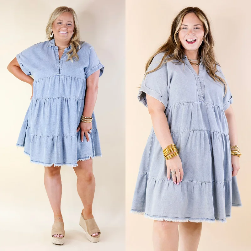 Wait List Tiered Denim Dress with Collared Neckline in Light Wash