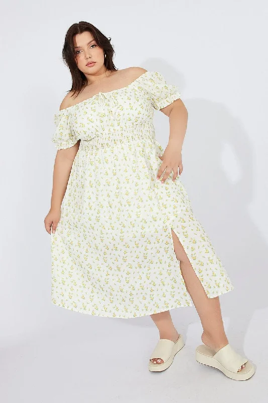 White Ditsy Midi Dress Short Sleeve Ruched Bust