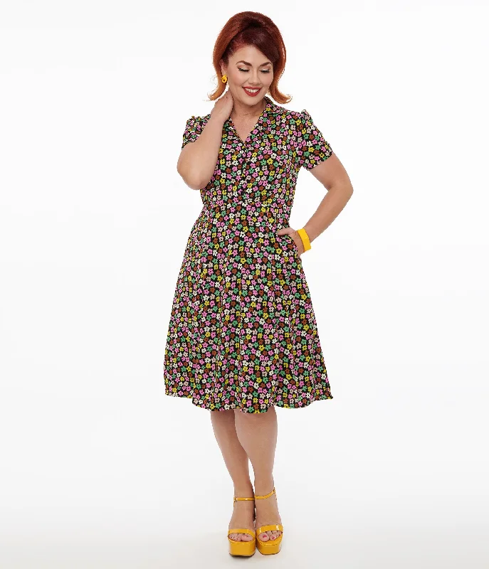 1950s Black & Multicolor Flower Print Fit & Flare Dress