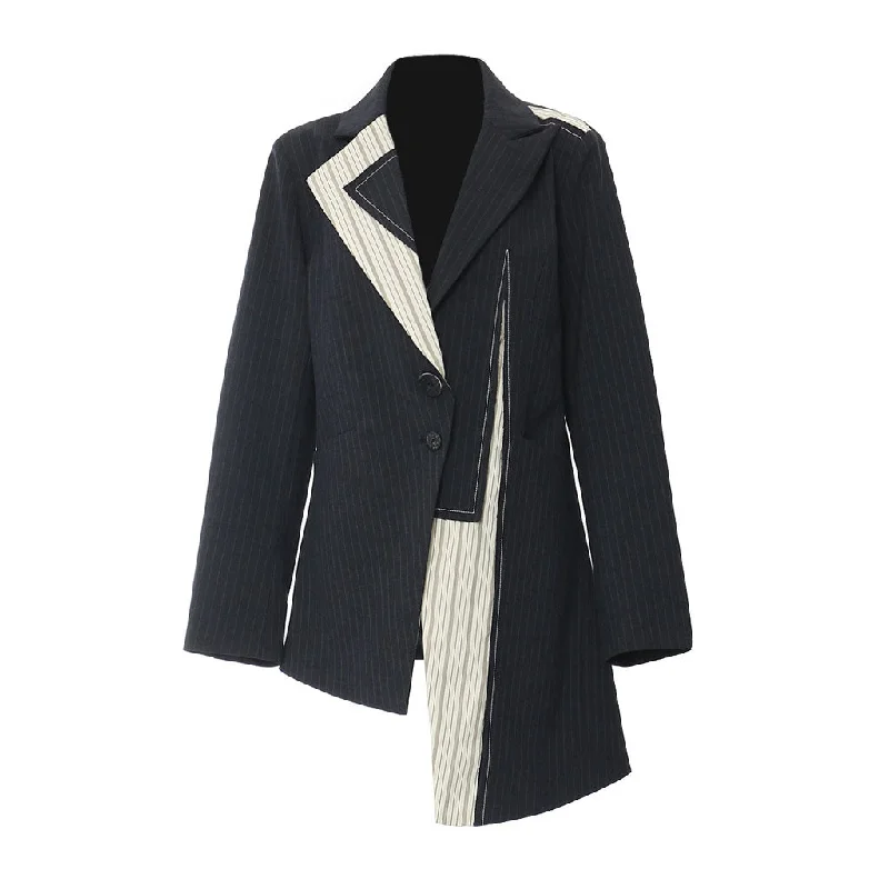 Asymmetrical Contrast Hybrid Lapel Two Button Long Sleeve Pinstripe Blazer