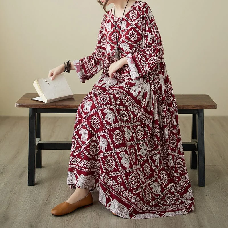 Autumn Retro Print Long Sleeve Loose Dress