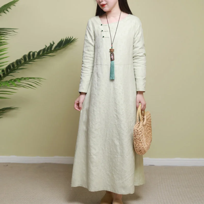 Autumn Retro Solid Long Sleeve Figured Linen Dress