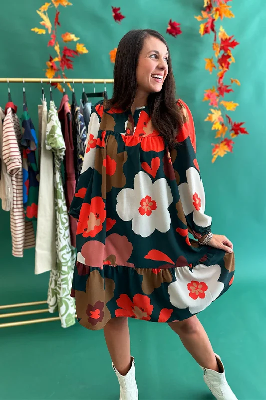 Bold Flower Print LS Dress Green