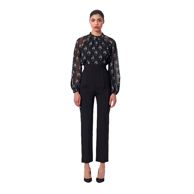 Gathered Neckline Long Sleeve Top | Black Multi