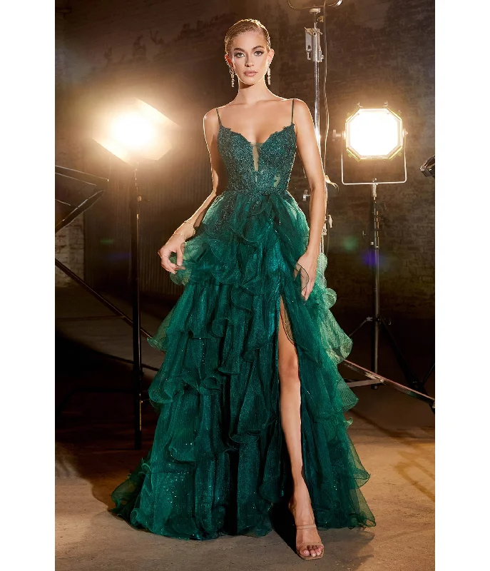 Cinderella Divine Emerald Feather Glitter Prom Dress