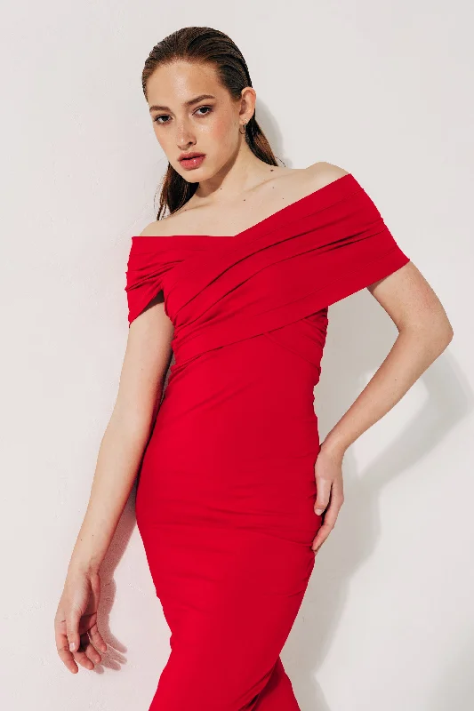 Cotton midi dress with exposed shoulders