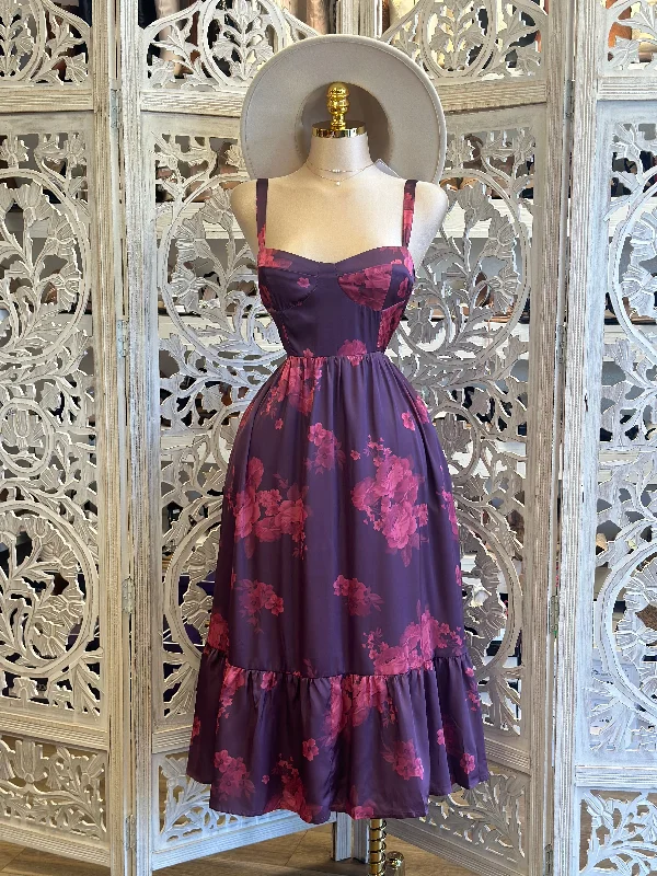 Dark Purple Floral Fit and Flare Dress- Not Stretchy, No Estira