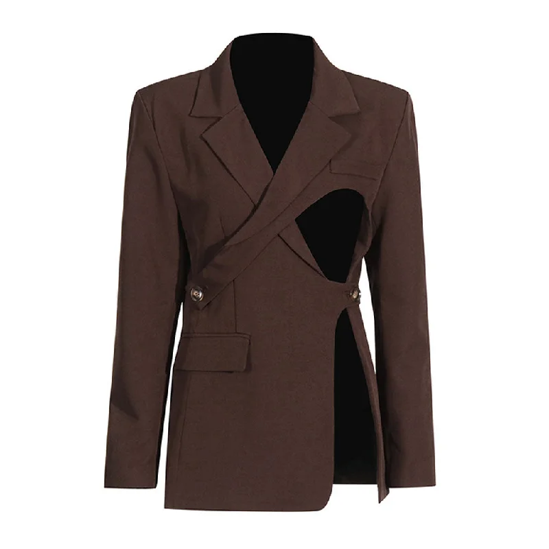 Deconstructed Buttoned Wrap Notch Lapel Padded Long Sleeve Cutout Blazer