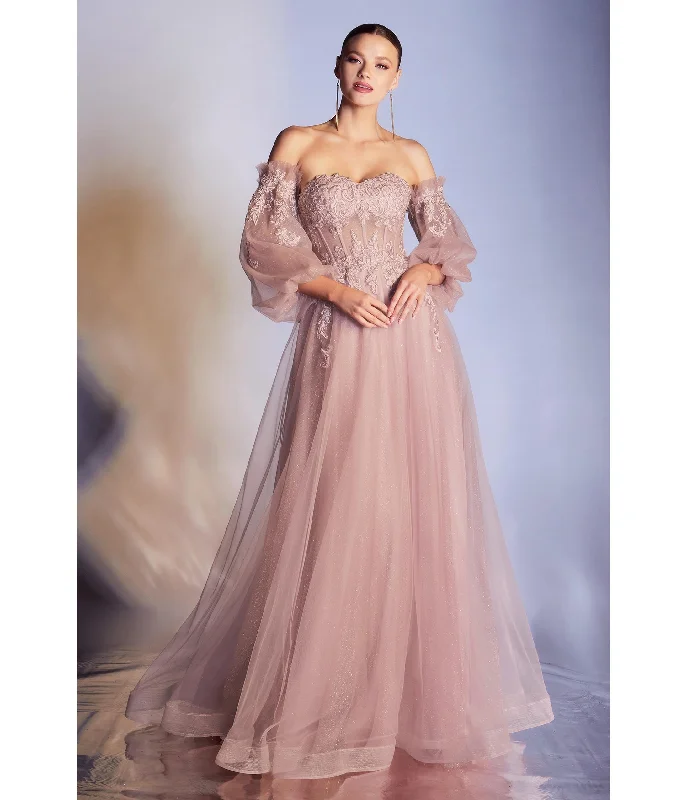 Cinderella Divine  Dusty Rose Glitter Off The Shoulder Corset Prom Gown