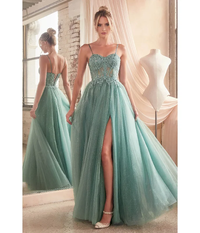 Cinderella Divine  Dusty Teal Foliage Applique Corset Tulle Gown