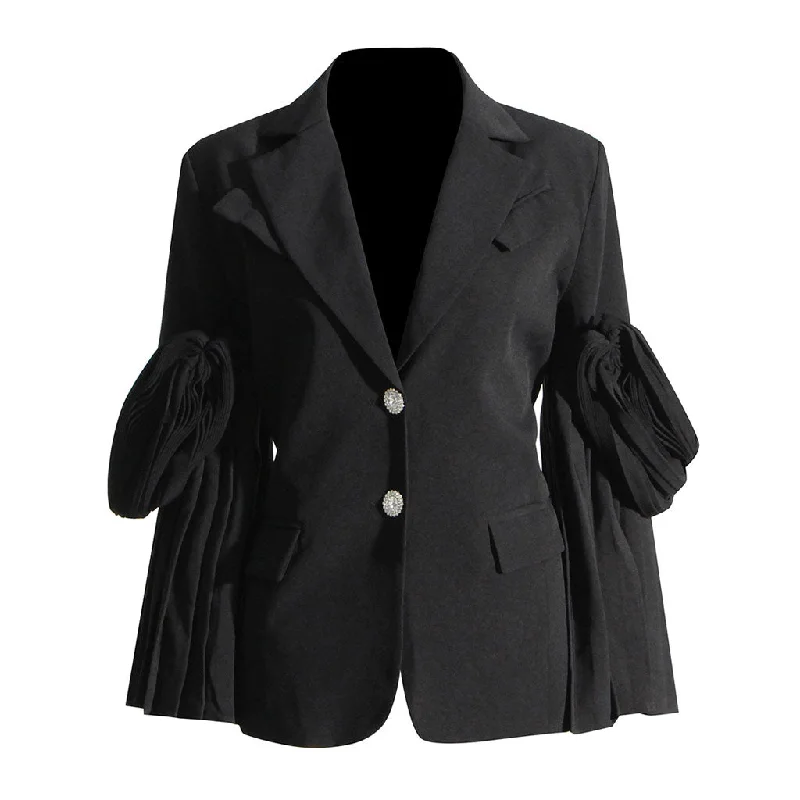 Elegant Lape Crystal Single Breasted Draped Pleated Long Sleeve Blazer