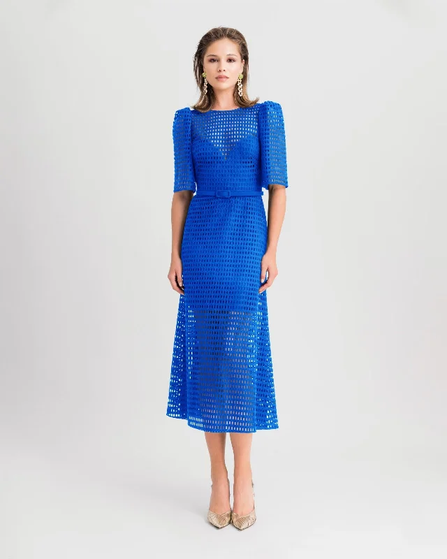 Puffed Shoulders Crochet Midi Royal Blue Dress