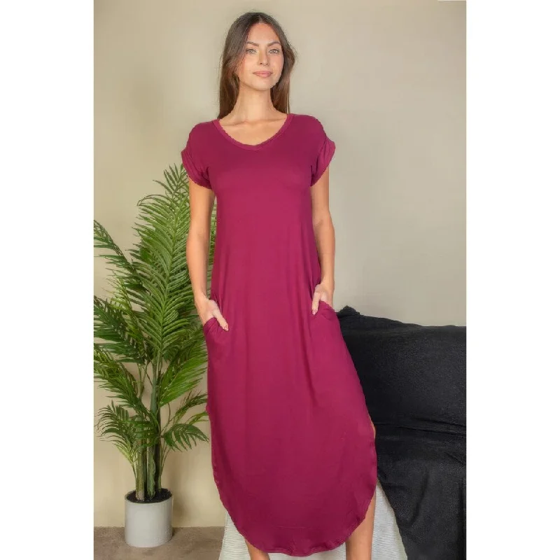 Hidden Pocket Batwing Sleeve V Neck Long Dress