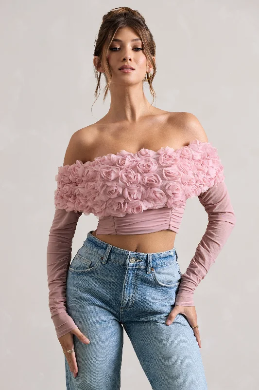 Libbie | Pink Mesh Floral Bardot Top