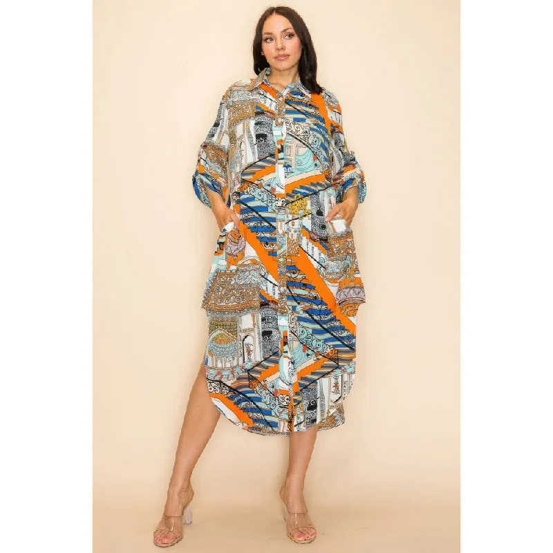 Long and Three Quarter Sleeves Multicolor Printed Shirt Dress