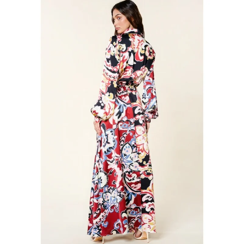 Long Sleeve Color Block Printed V Neck Dress