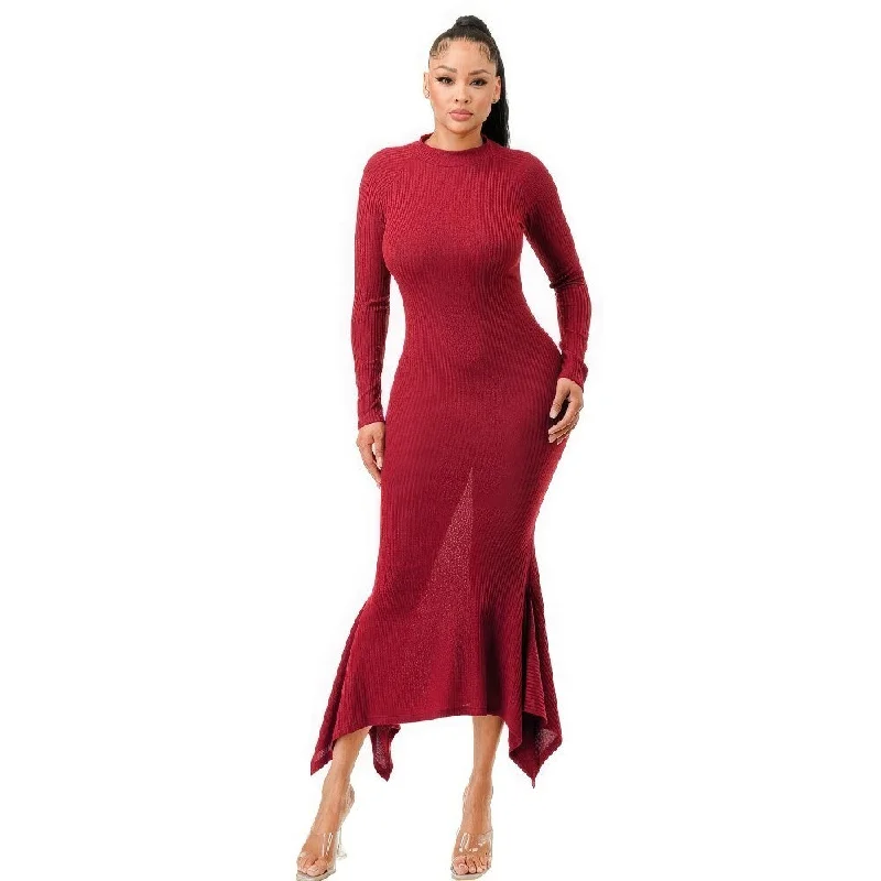 Long Sleeves High Neck Dark Red Soft Faux Wool Long Dress