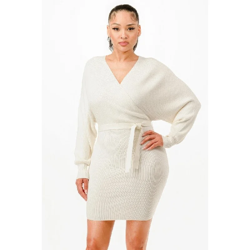 Long Sleeves Off Shoulder Wrap Belted Ribbed Sweater Dress