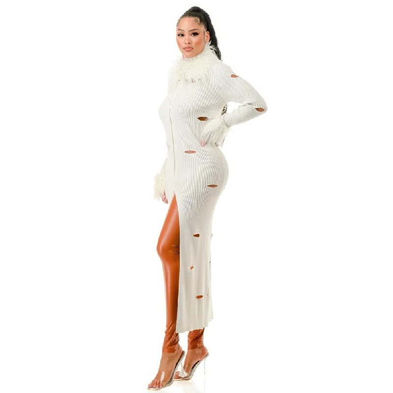 Long Sleeves White Collared Neckline Cardigan Dress With Mid Way Front Zipper