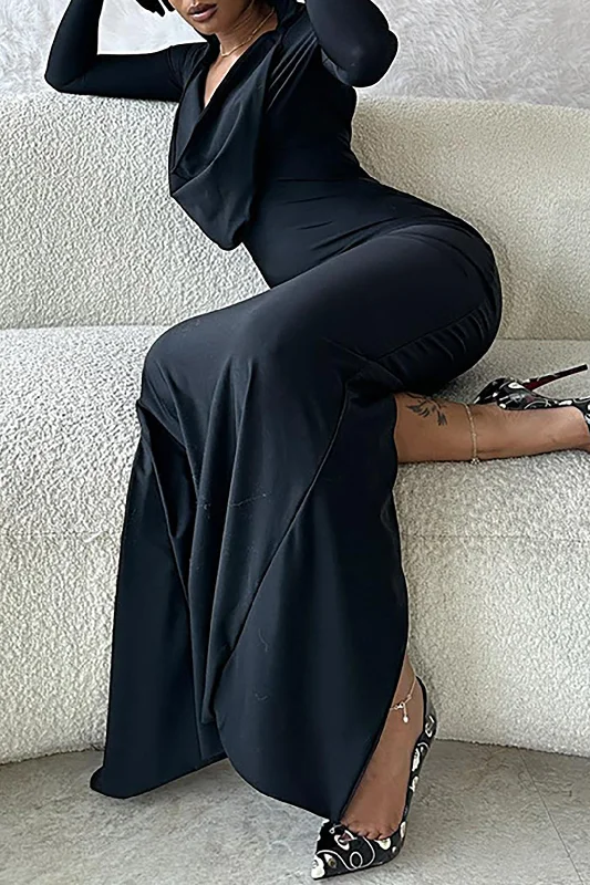 Cowl Neck Long Sleeve Slit Maxi Dress With Glove