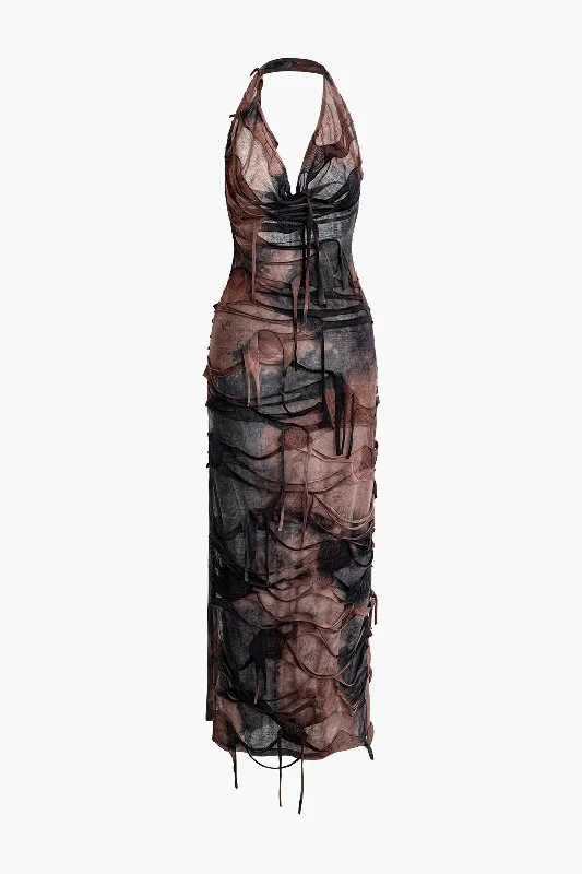 Tie Dye Distressed Mesh Slit Halter Cowl Neck Maxi Dress