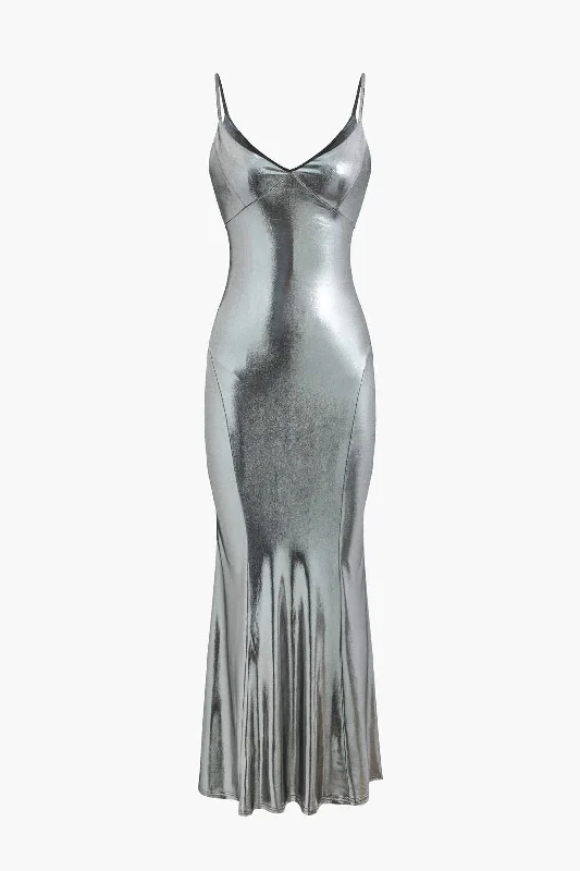 Metallic V-neck Cami Mermaid Maxi Dress