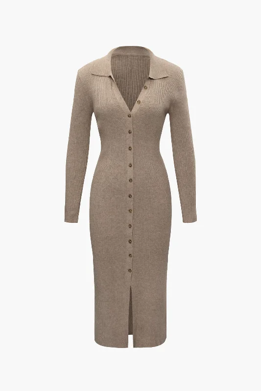 Rib Knit Long Sleeve Midi Dress