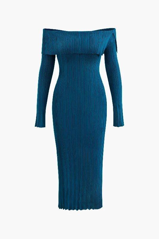 Off Shoulder Rib Knit Split Midi Dress