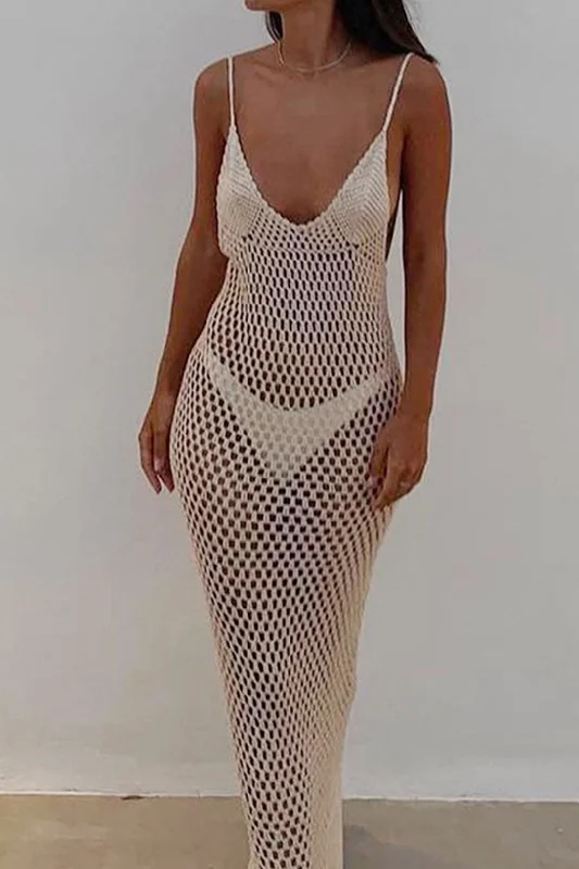 V-neck Open Knit Backless Cover Up Maxi Dress