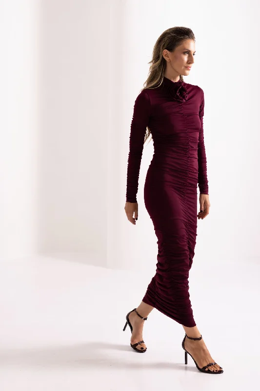 Draped midi dress with flower detail in burgundy