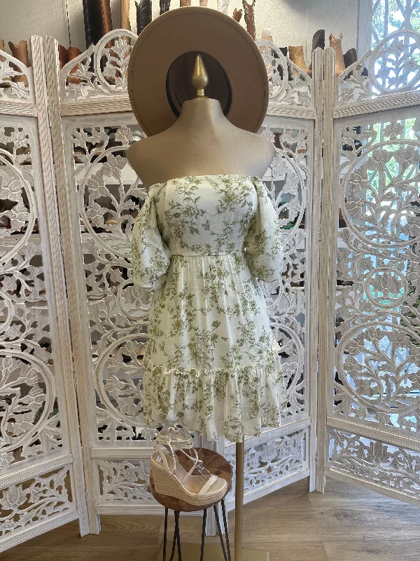 Olive Flowers Off Shoulder Dress